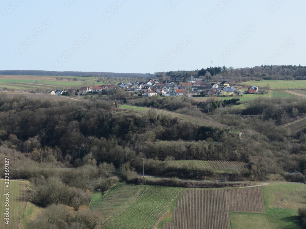 Leafless woods in early spring, panoramic view of a village in Moselle river valley Leafless woods in early spring, panoramic view of a village in Moselle river valley