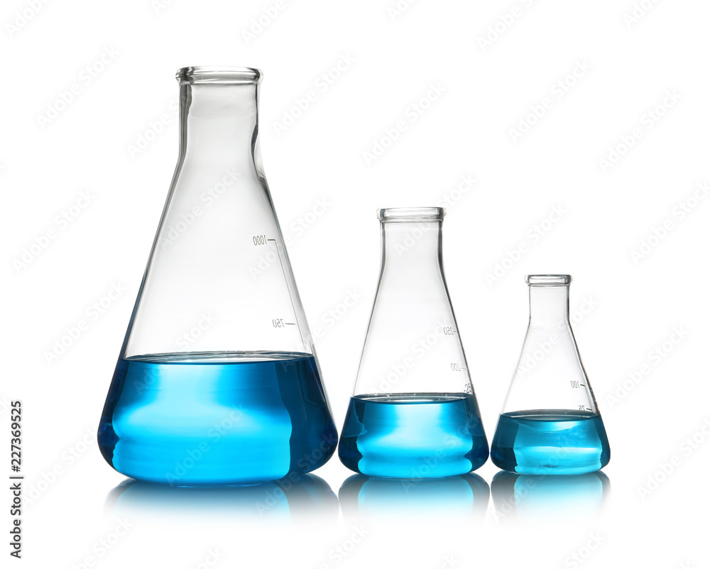 Conical flasks with liquid on table against white background. Laboratory analysis Conical flasks with liquid on table against white background. Laboratory analysis