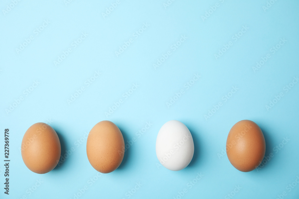 Raw chicken eggs on color background, top view. Space for text Raw chicken eggs on color background, top view. Space for text