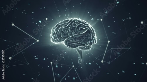 Animation of rotation human brain with flying data around. Animation of seamless loop.