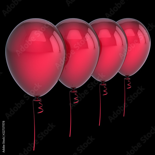 red party balloons 4 four blank row arranged. anniversary, birthday decoration. holiday, celebration symbol. 3d rendering, isolated on black