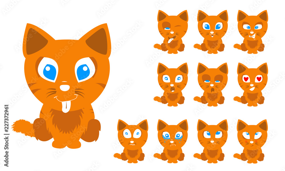 Obraz premium Vector illustration set of cute and funny cartoon little orange cat with facial Expressions