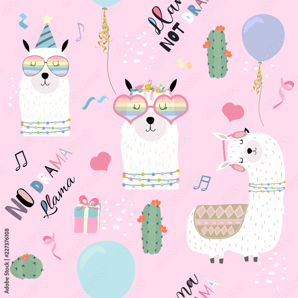 Pink hand drawn cute seamless pattern with llama, glasses,cactus,balloon and gift