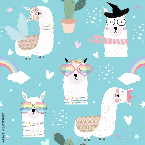 Blue hand drawn cute seamless pattern with llama, glasses,cactus,rainbow and heart