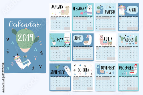Cute monthly calendar 2019 with llama luggage cactus geometrical glasses heart for children.Can be used for web banner poster label and printable