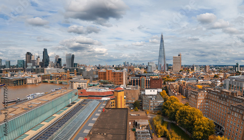 Panoramic aerial view of London skyline on a gloomy overcast day in Autumn