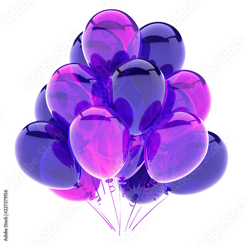 purple balloons bunch, birthday party decoration violet glossy, helium balloon shiny colored blue translucent. 3d rendering illustration