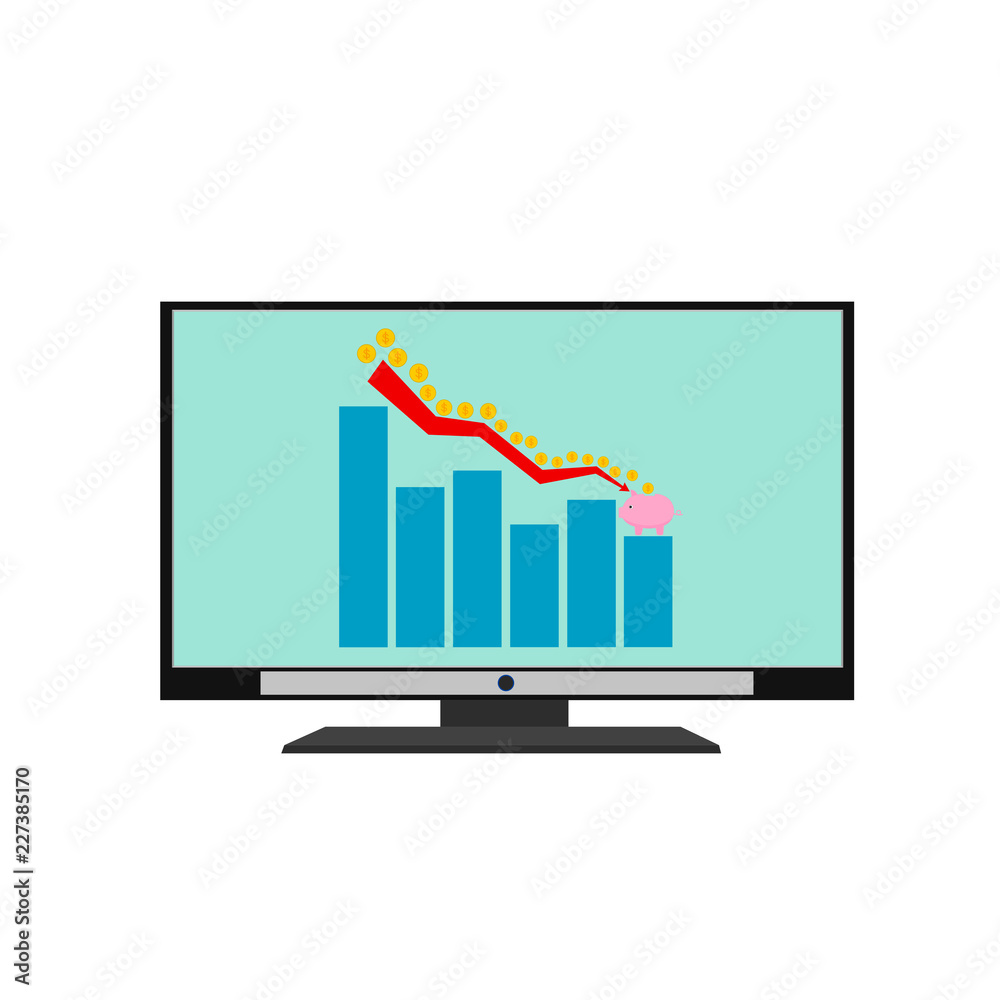 Isolated lcd television technology device display business low profit money graph saving to piggy bank Isolated lcd television technology device display business low profit money graph saving to piggy bank