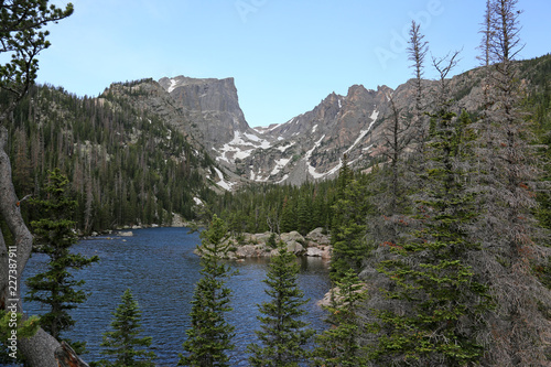 Dream lake with the Hallett Peak on the horizon, shot on trail to Emerald Lake in Rocky Mountain National Park, Colorado.
