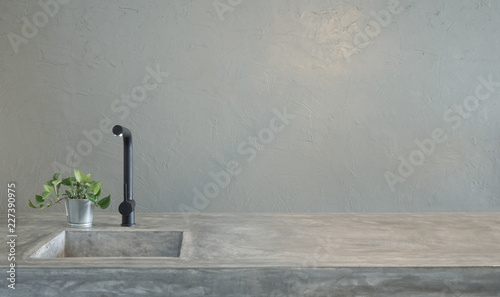Εκτύπωση καμβά Modern black faucet and kitchen room sink with cement countertops and green grass