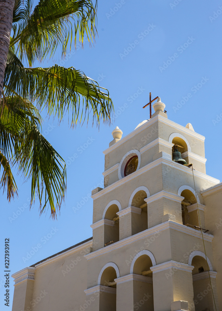 Mexican mission church with palm tree