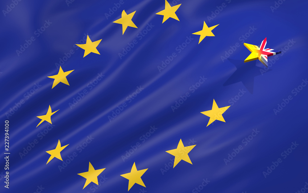 3D illustration of brexit concept with European Union flag and the Great Britain star leaving