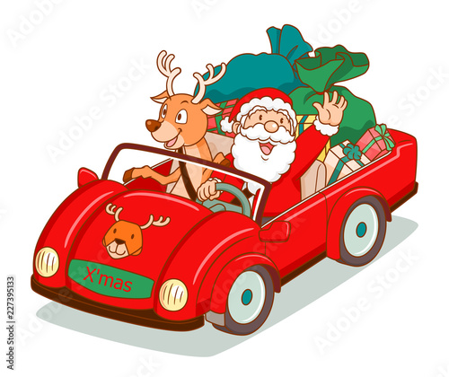 Cartoon vector of Santa Claus driving a car with reindeer sitting beside.