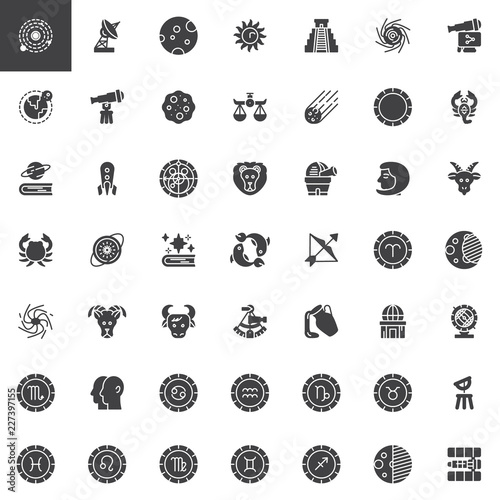 Astronomy and astrology vector icons set modern solid symbol collection filled style pictogram pack. Signs logo illustration. Set includes icons as Solar system, Satellite dish, Telescope, Observatory