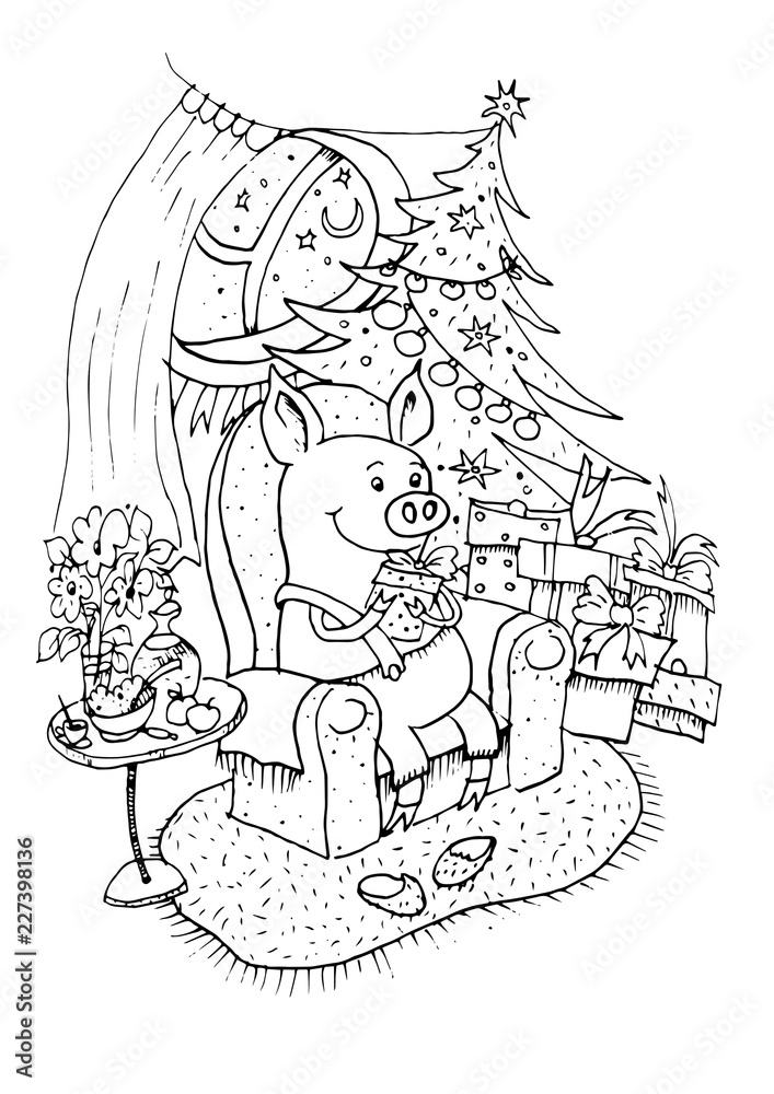 Lucky Pig. Black outline coloring book. 2019 Chinese New Year of the Pig. Christmas greeting ...
