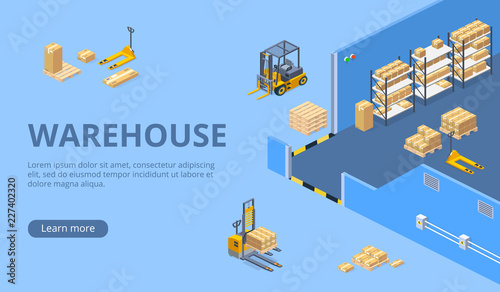 Industrial warehouse, distribution or delivery company isometric vector web banner, landing page with hydraulic machines, parcels or cargo on pallets and racks in storehouse. Business logistic service