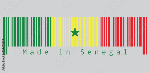 Barcode set the color of Senegalese flag, green yellow and red; charged with a green five-pointed star at the centre. text: Made in Senegal, concept of sale or business.