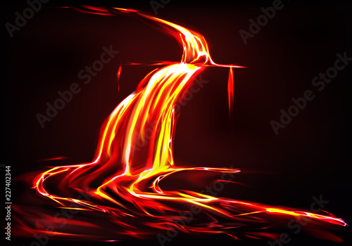 Vector realistic background with lava river, flow of liquid fire in dark. Eruption of volcano, spewing of flames. Dangerous disaster of nature, hot orange magma. Glowing lavafall, hellish ejection.