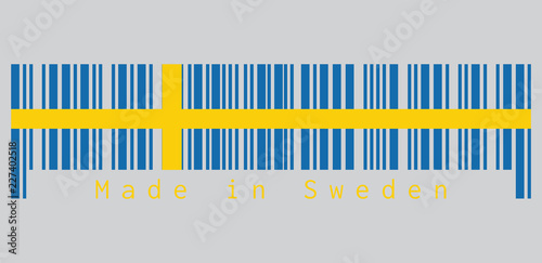 Barcode set the color of Swedish flag, it is consists of a yellow or gold Nordic Cross on a field of blue. text: Made in Sweden, concept of sale or business.