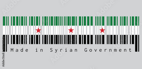Barcode set the color of Syrian flag, A horizontal tricolor of green white and black with three red stars in the center. text: Made in Syrian Government, concept of sale or business.