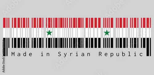 Barcode set the color of Syrian flag, A horizontal tricolor of red white and black with two green stars at the centre. text: Made in Syrian Republic, concept of sale or business.
