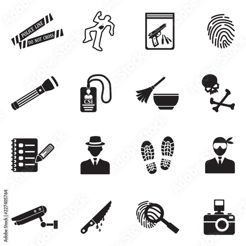Crime Scene Icons. Black Flat Design. Vector Illustration.