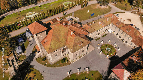 Aerial view of of Cantacuzino castle in Busteni ski resort, Prahova valley. Bucegi mountain, part of Carpathian mountains. Brasov region in Transilvania, Romania. 