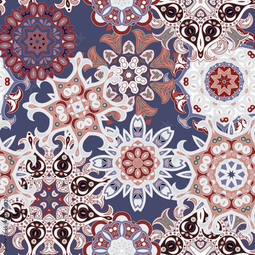 Seamless multicolor pattern with oriental mandalas. Islam, Arabic, Asian motifs. Kaleidoscope elements. Vintage lace mood. Fabric, wallpaper or wrap print