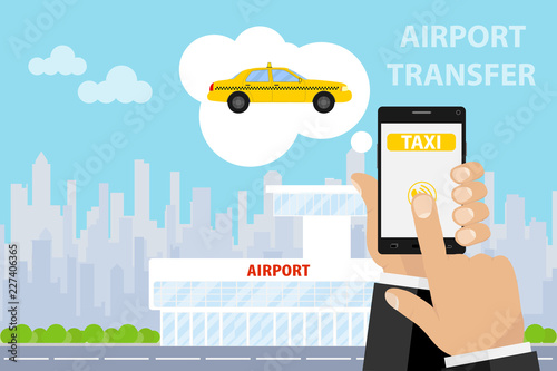 Airport transfer. Banner transfer to the airport. The man calls a taxi to the airport via the phone. Flat design, vector illustration, vector.