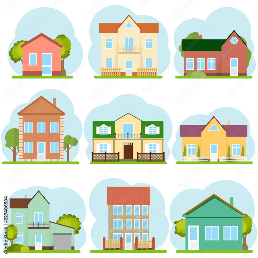 Houses, a set of houses with trees and fences. Flat design, vector illustration.