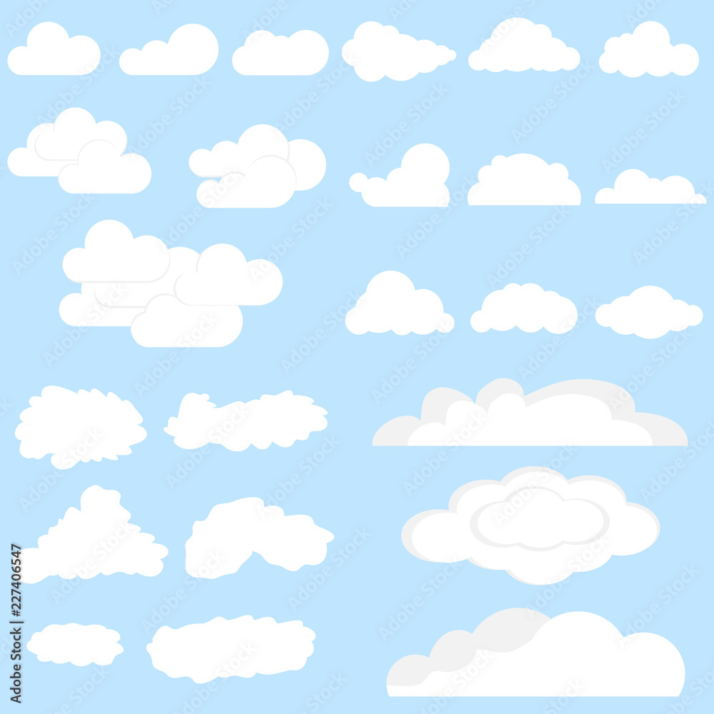 Clouds, set of clouds. Realistic white clouds on a blue background. Flat design, vector illustration, vector.