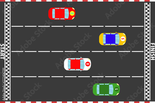 Race track, sports cars driving on the race track. Flat design, vector illustration, vector. © Dmitry