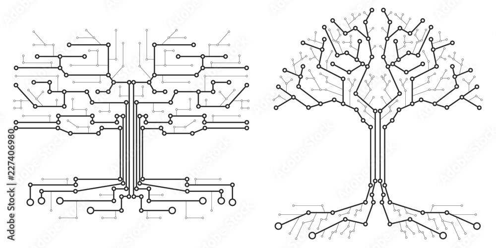 Technological tree in the form of a printed circuit board. Black and white wood in the form of connections of the technological board. Flat design, vector illustration, vector.