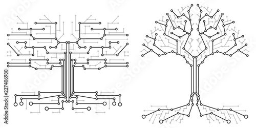 Technological tree in the form of a printed circuit board. Black and white wood in the form of connections of the technological board. Flat design, vector illustration, vector.