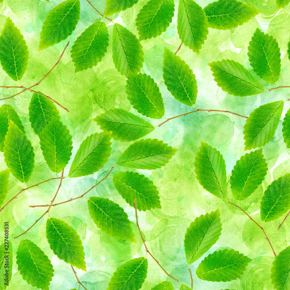 A seamless pattern of green leaves and branches on a green background, a vibrant repeat print A seamless pattern of green leaves and branches on a green background, a vibrant repeat print