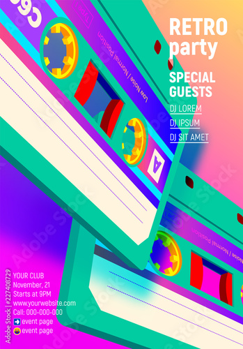 Compact cassette poster with vibrant retro 80s styled party invitation