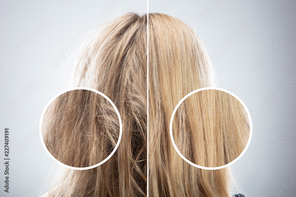 Woman's Hair Before And After Hair Straightening - obrazy, fototapety, plakaty 
