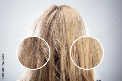 Woman's Hair Before And After Hair Straightening photo