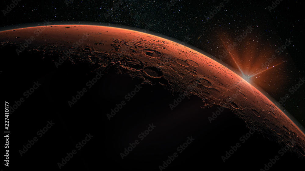Naklejka premium Obraz w wysokiej rozdzielczości Marsa. Mars to planeta Układu Słonecznego. Wschód słońca z flary obiektywu. Elementy tego zdjęcia dostarczone przez NASA.