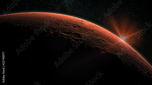 Mars high resolution image. Mars is a planet of the solar system. Sunrise with lens flare. Elements of this image furnished by NASA.