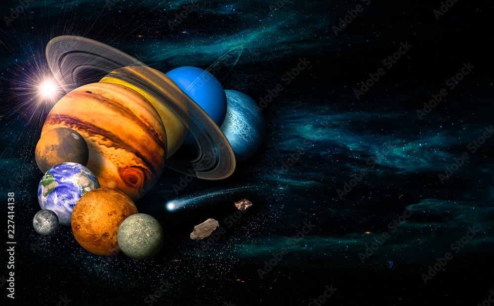 Obraz premium Solar system eight planets, comet and asteroid. Mercury, Venus, planet Earth, Mars, Jupiter, Saturn, Uranus, Neptune. Science and education background. Elements of this image furnished by NASA.