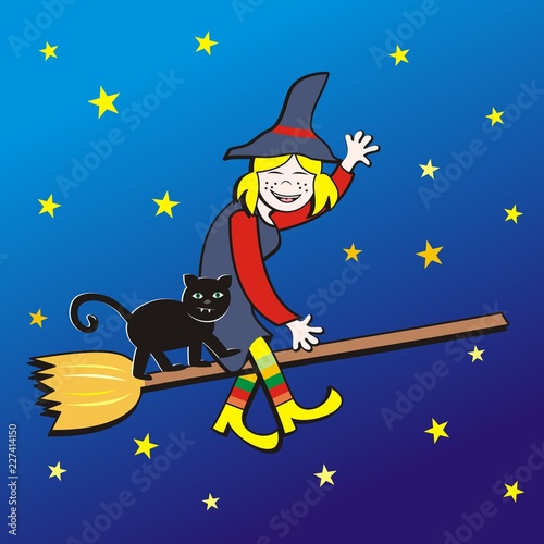 Halloween, Witch on broom and cat at blue background with stars, vector illustration