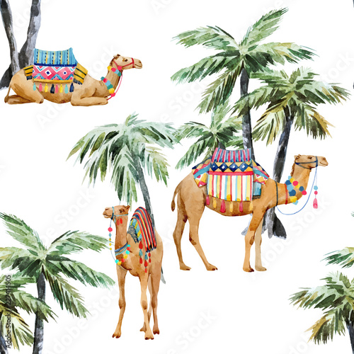 Watercolor camel and palm vector pattern