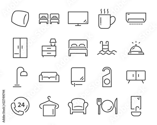 hotel line icons set, such as furniture, booking, bed, park, dinning room