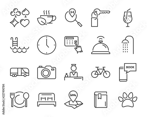 hotel line icons set, such as furniture, booking, bed, park, dinning room