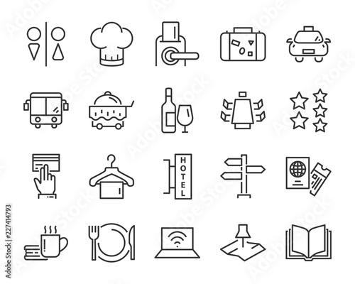 hotel line icons set, such as furniture, booking, bed, park, dinning room