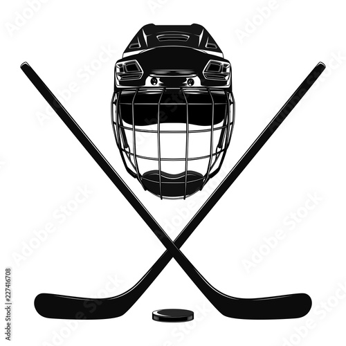 Vector image of a hockey helmet with sticks and puck.