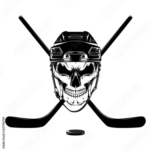 Vector image of a skull in a hockey helmet with sticks and puck.