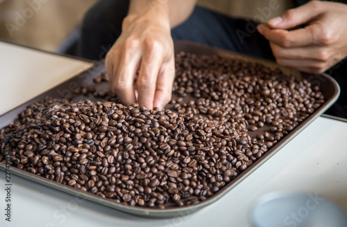 roast coffee bean with barista hand
