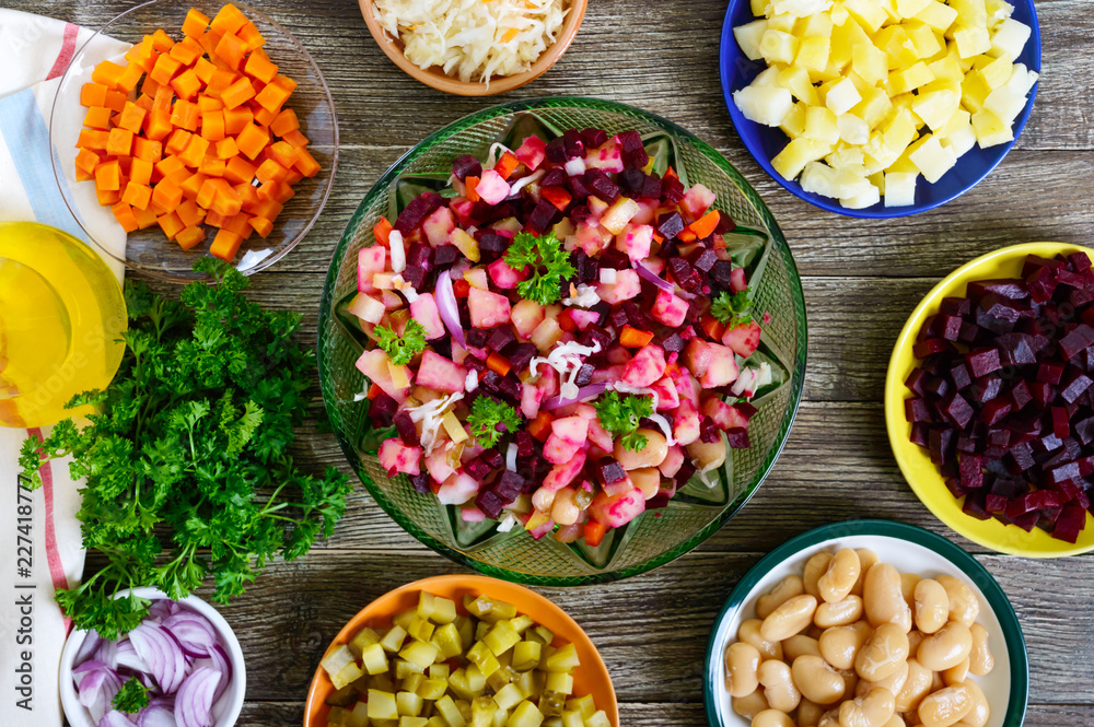 Prepared ingredients for cooking vegetables salad. Prepared ingredients for cooking vegetables salad.